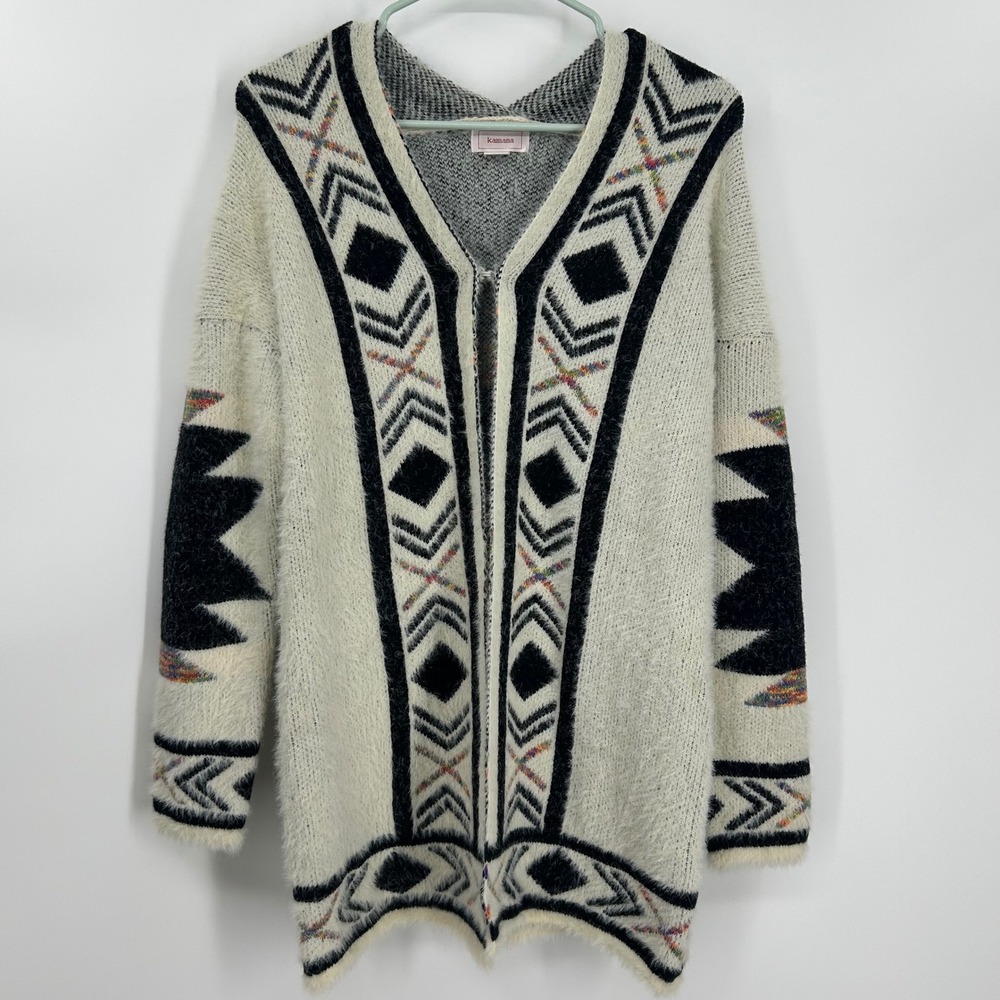 Kamana Womens Small Aztec Southwestern Fuzzy Eyelash Open Front Cardigan Cream